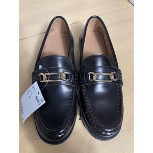 H&M Womens Burgundy Horsebit Loafers Gold Chain Detail Low Heel Shoes Size 7 38